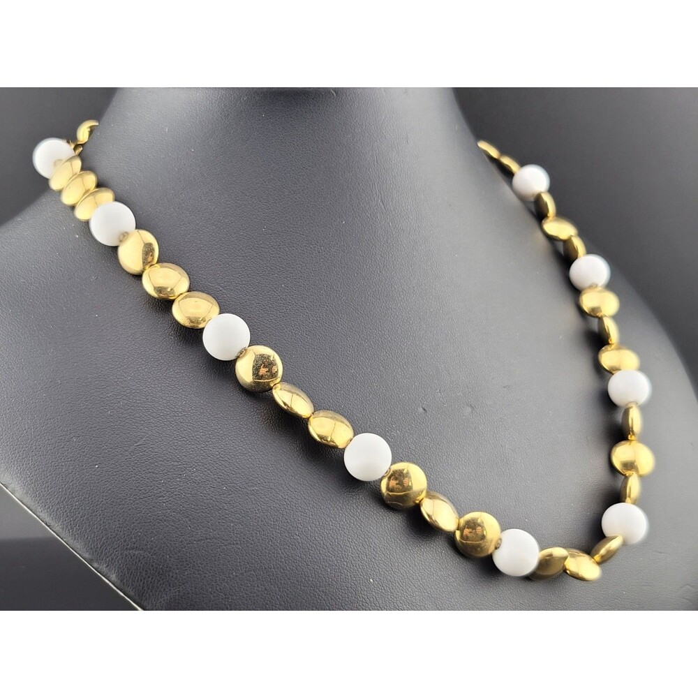 Vintage Signed Liz Claiborne White Lucite Gold Tone Coin Beads 22" Necklace